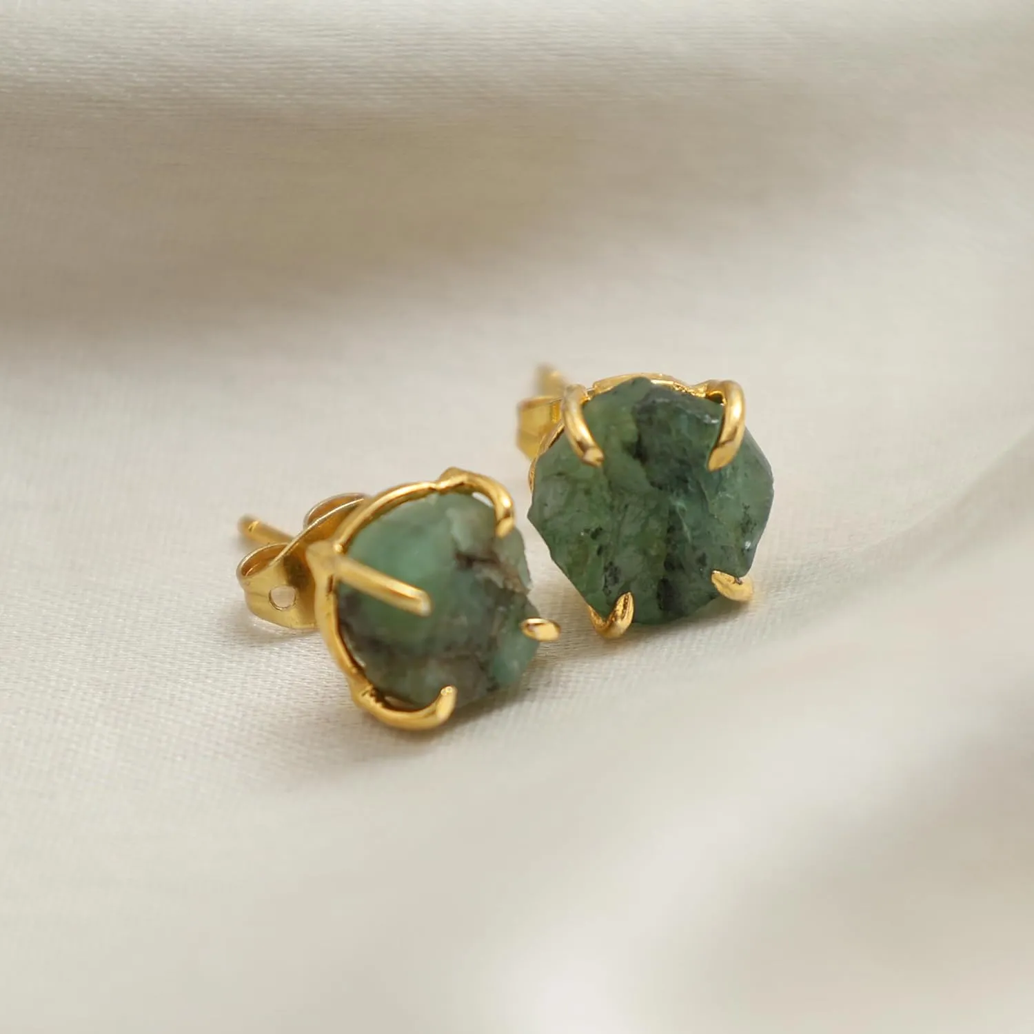 Gempires Natural Raw Green Emerald Stud Earrings Simple Dainty Jewelry May Birthstone Crystal with Gold Plated Prong Setting Formal Events and Everyday Elegance