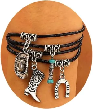 GIGB PBDK Boho Turquoise Bracelets for Women Vintage Western Hat Boots Bracelets Adjustable Evil Eye Good Luck Layered Leather Bracelets Gothic Punk Jewelry Gift