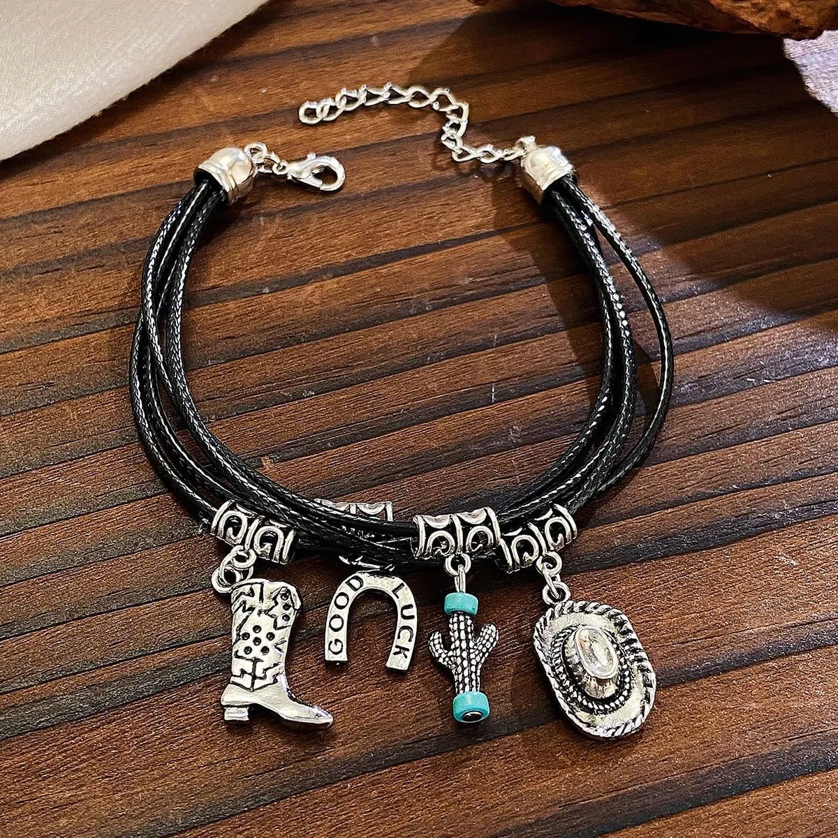 GIGB PBDK Boho Turquoise Bracelets for Women Vintage Western Hat Boots Bracelets Adjustable Evil Eye Good Luck Layered Leather Bracelets Gothic Punk Jewelry Gift