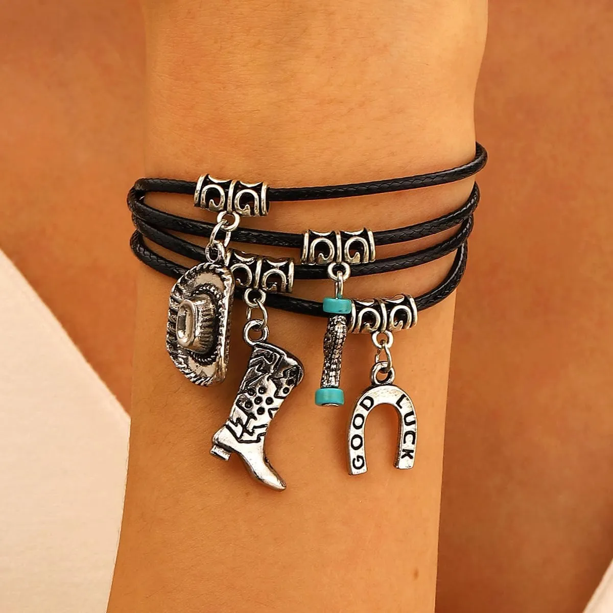 GIGB PBDK Boho Turquoise Bracelets for Women Vintage Western Hat Boots Bracelets Adjustable Evil Eye Good Luck Layered Leather Bracelets Gothic Punk Jewelry Gift