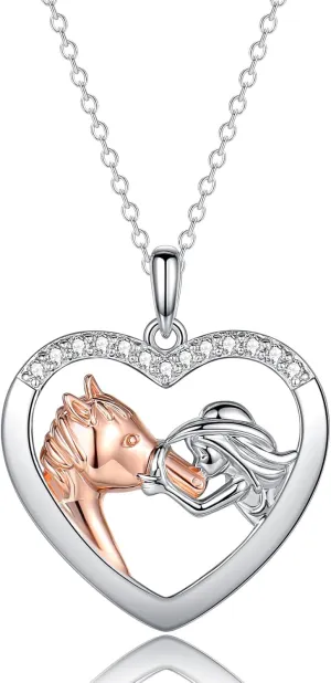 Girls Horse Necklace, Sterling Silver Necklaces for Girls Women, Heart Shaped Horse Cubic Zirconia Pendant Necklaces for Teen Girls Kids Jewelry Equestrian Gifts for Birthday Christmas