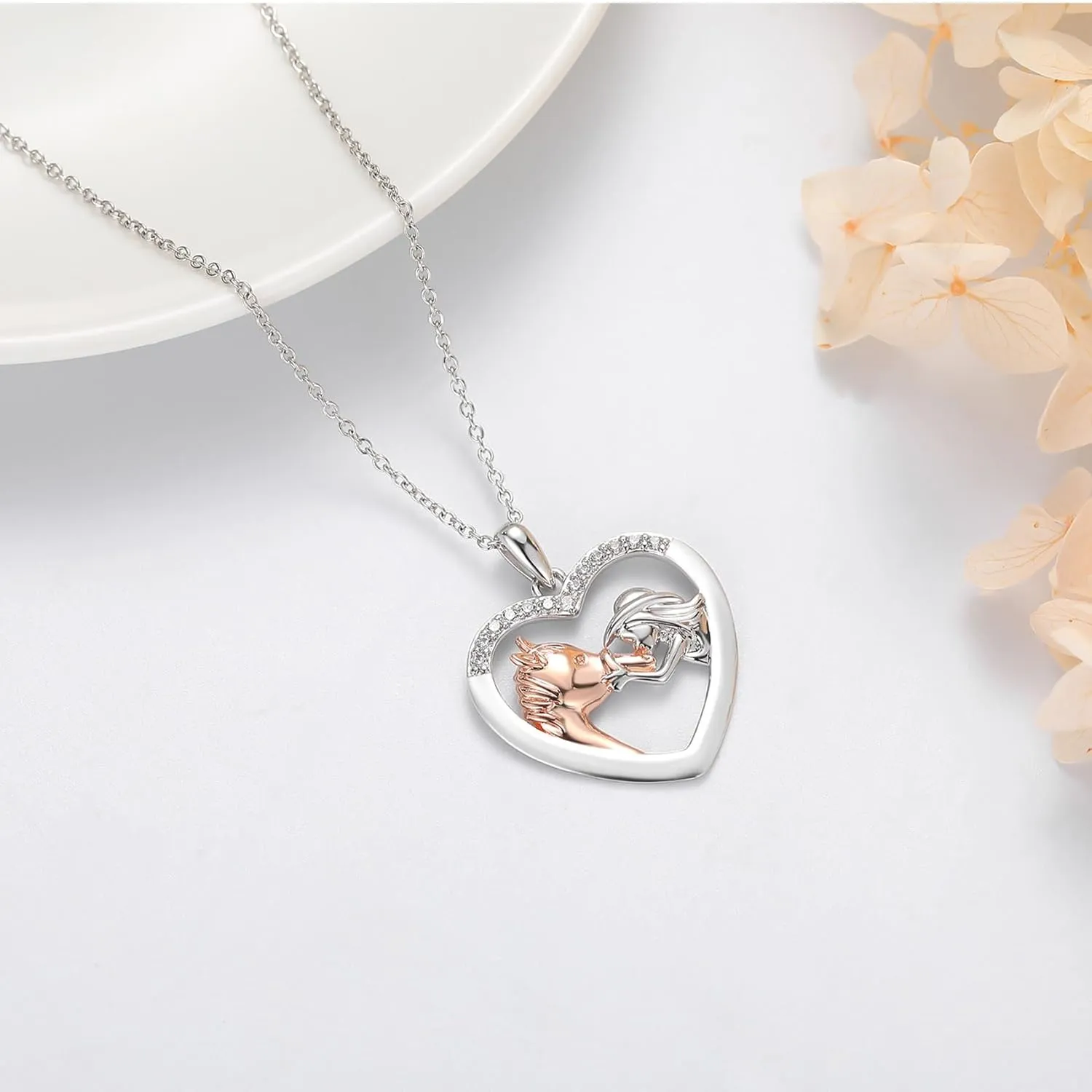 Girls Horse Necklace, Sterling Silver Necklaces for Girls Women, Heart Shaped Horse Cubic Zirconia Pendant Necklaces for Teen Girls Kids Jewelry Equestrian Gifts for Birthday Christmas