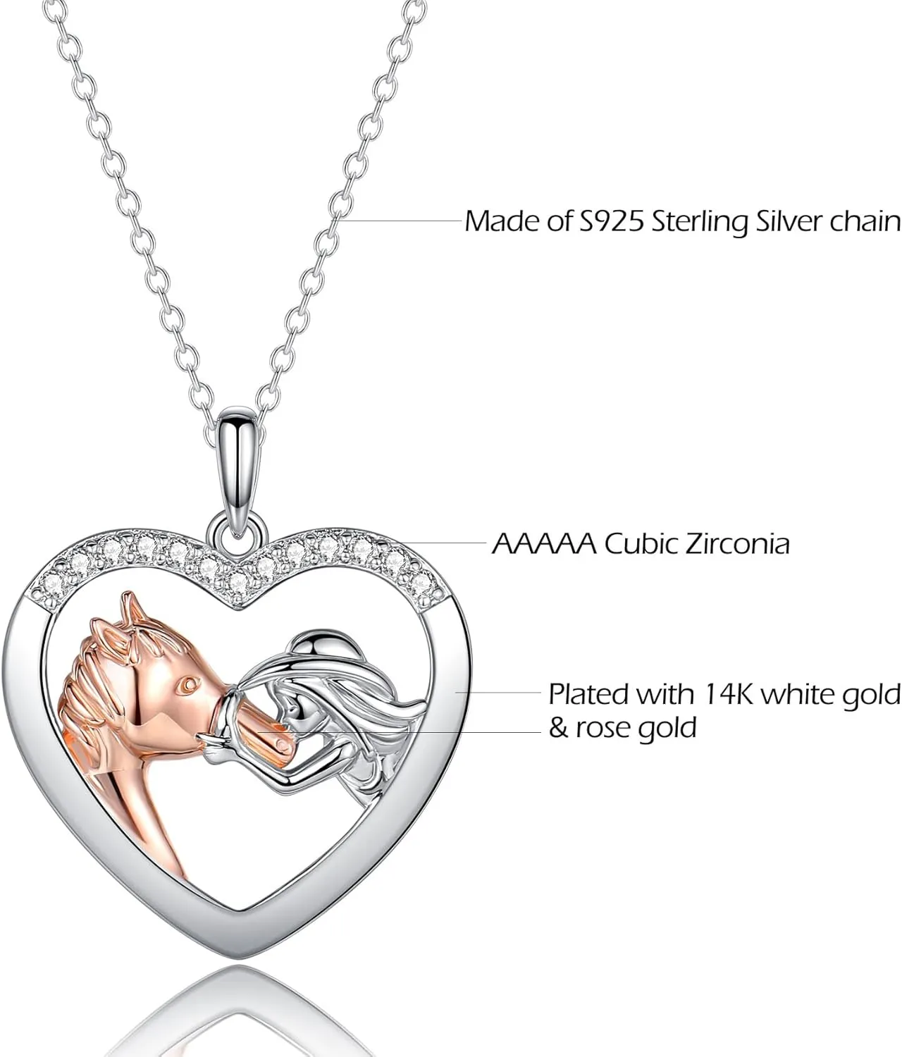 Girls Horse Necklace, Sterling Silver Necklaces for Girls Women, Heart Shaped Horse Cubic Zirconia Pendant Necklaces for Teen Girls Kids Jewelry Equestrian Gifts for Birthday Christmas