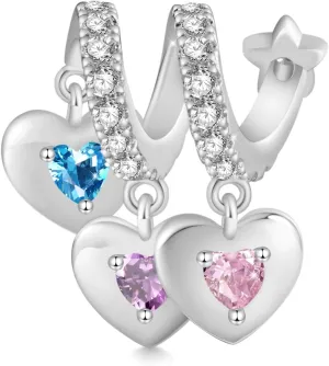 GNOCE Customized Engravable Three Hearts Family Birthstone Pendant Dangle Charm, S925 Sterling Silver Personalised Pendant Necklace Jewelry Gift for Women