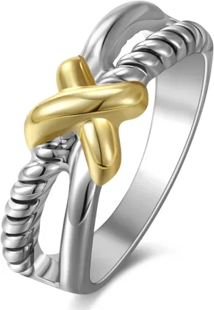 Gold and Silver Cross Rings for Women, Fashion Statement Ring X Knot Band Chunky Twisted Cable Wire Ring Jewelry Gifts for Her