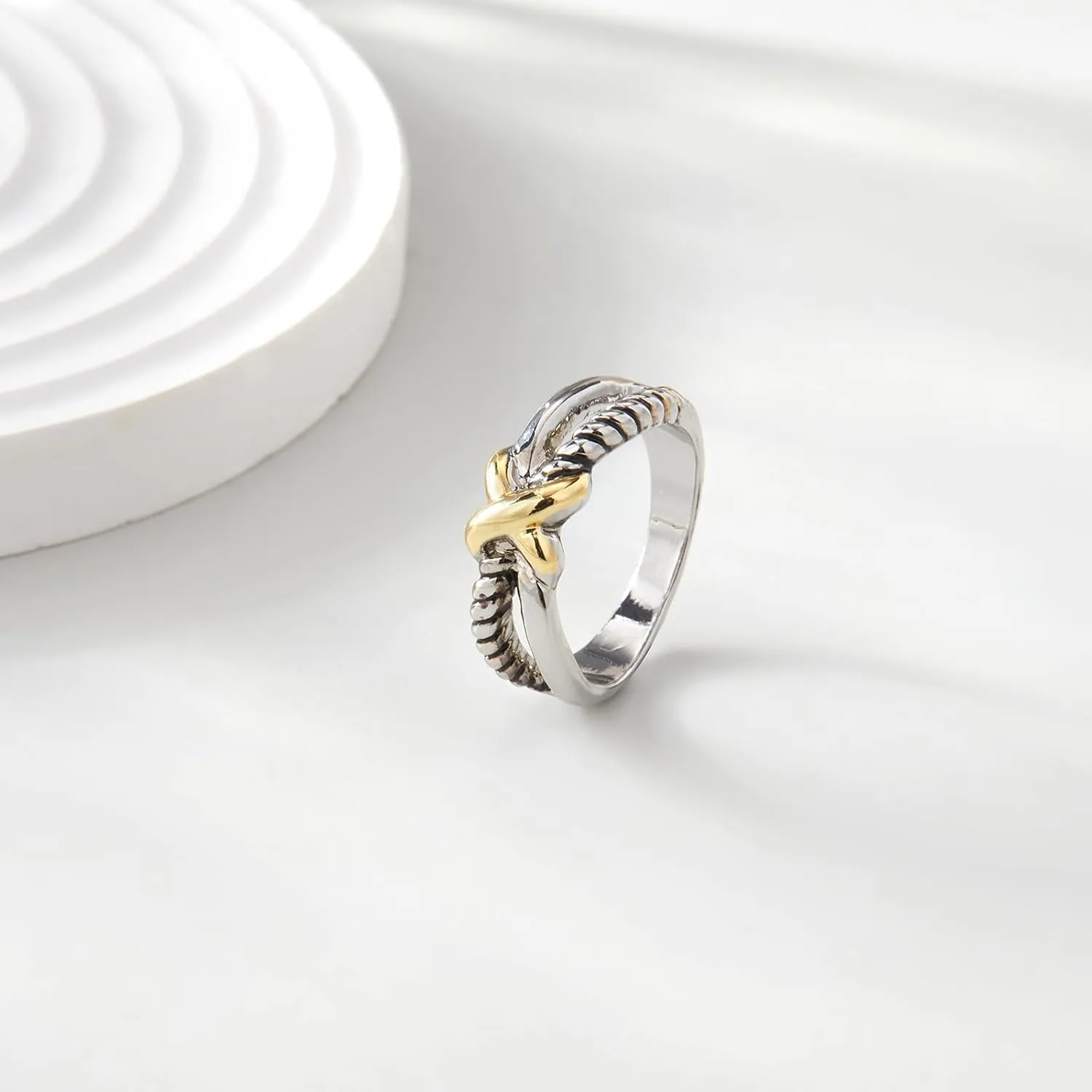 Gold and Silver Cross Rings for Women, Fashion Statement Ring X Knot Band Chunky Twisted Cable Wire Ring Jewelry Gifts for Her