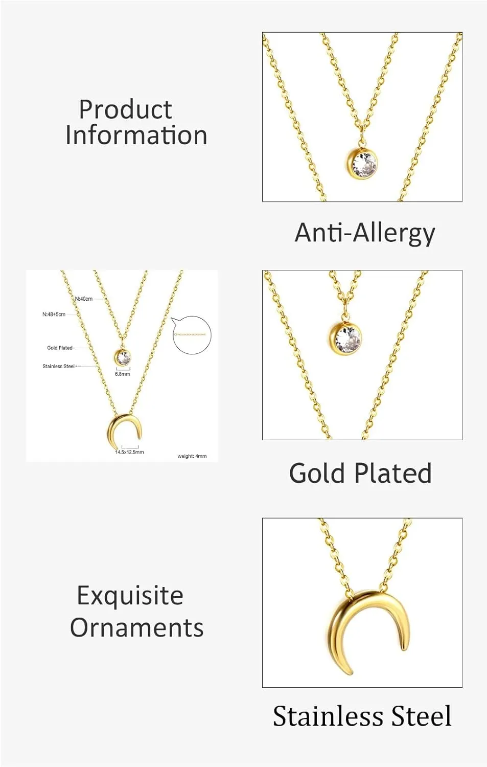 Gold and Silver-Plated Stainless Steel Pendant Necklaces for Women  Heart, Circle, Lock, Moon and Pearl Designs, Multi-Layer and Double Chain Options, Waterproof, Hypoallergenic Jewelry