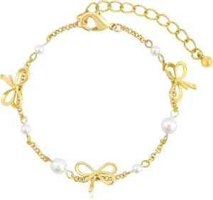 Gold Bow Knot Link Bracelet for Women with Pearl Cute 14K Gold Plated Bowknot Bracelet Elegant Bow Charm Bracelet Dainty Bow Tie Ribbon Bracelet Summer Party Trendy Jewelry Gift for Women