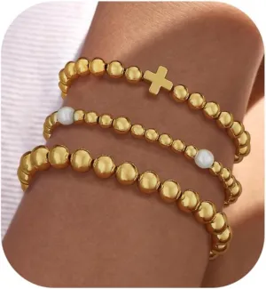 Gold Bracelets for Women, 14K Gold Plated Beaded Bracelets for Women Non Tarnish Dainty Stretch Cross Pearl Bracelet Stack Fashion Gold Womens Jewelry Preppy Stuff