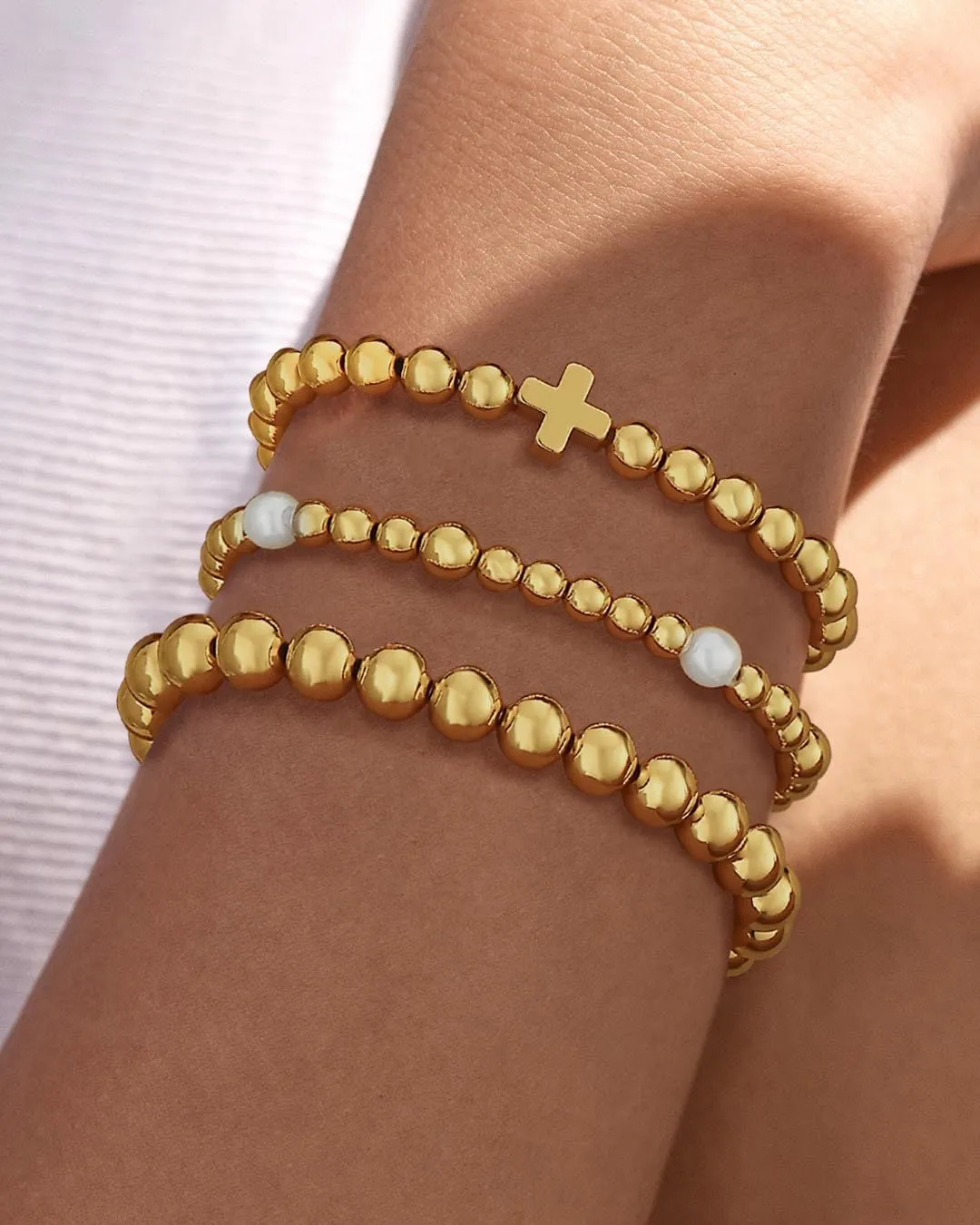 Gold Bracelets for Women, 14K Gold Plated Beaded Bracelets for Women Non Tarnish Dainty Stretch Cross Pearl Bracelet Stack Fashion Gold Womens Jewelry Preppy Stuff