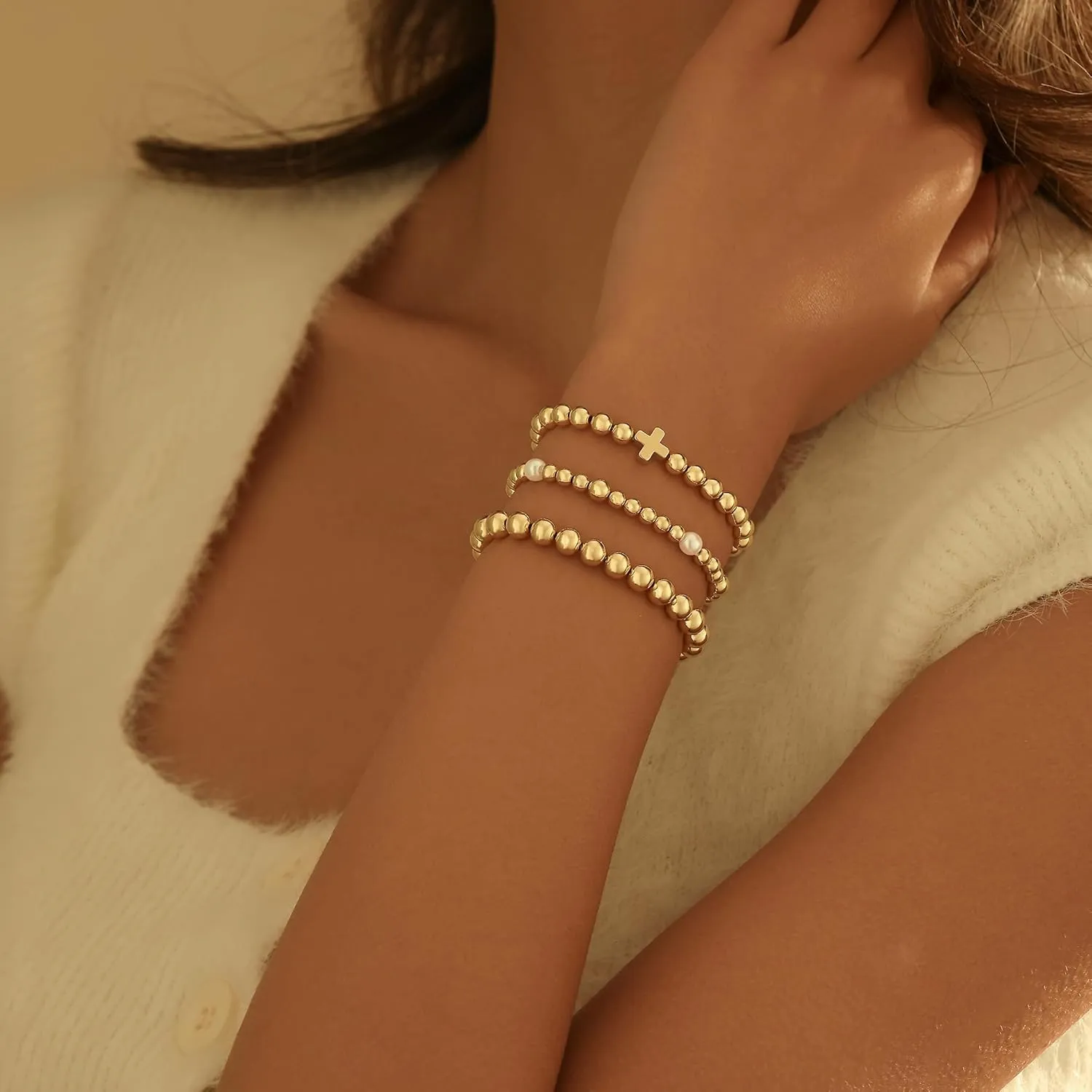 Gold Bracelets for Women, 14K Gold Plated Beaded Bracelets for Women Non Tarnish Dainty Stretch Cross Pearl Bracelet Stack Fashion Gold Womens Jewelry Preppy Stuff