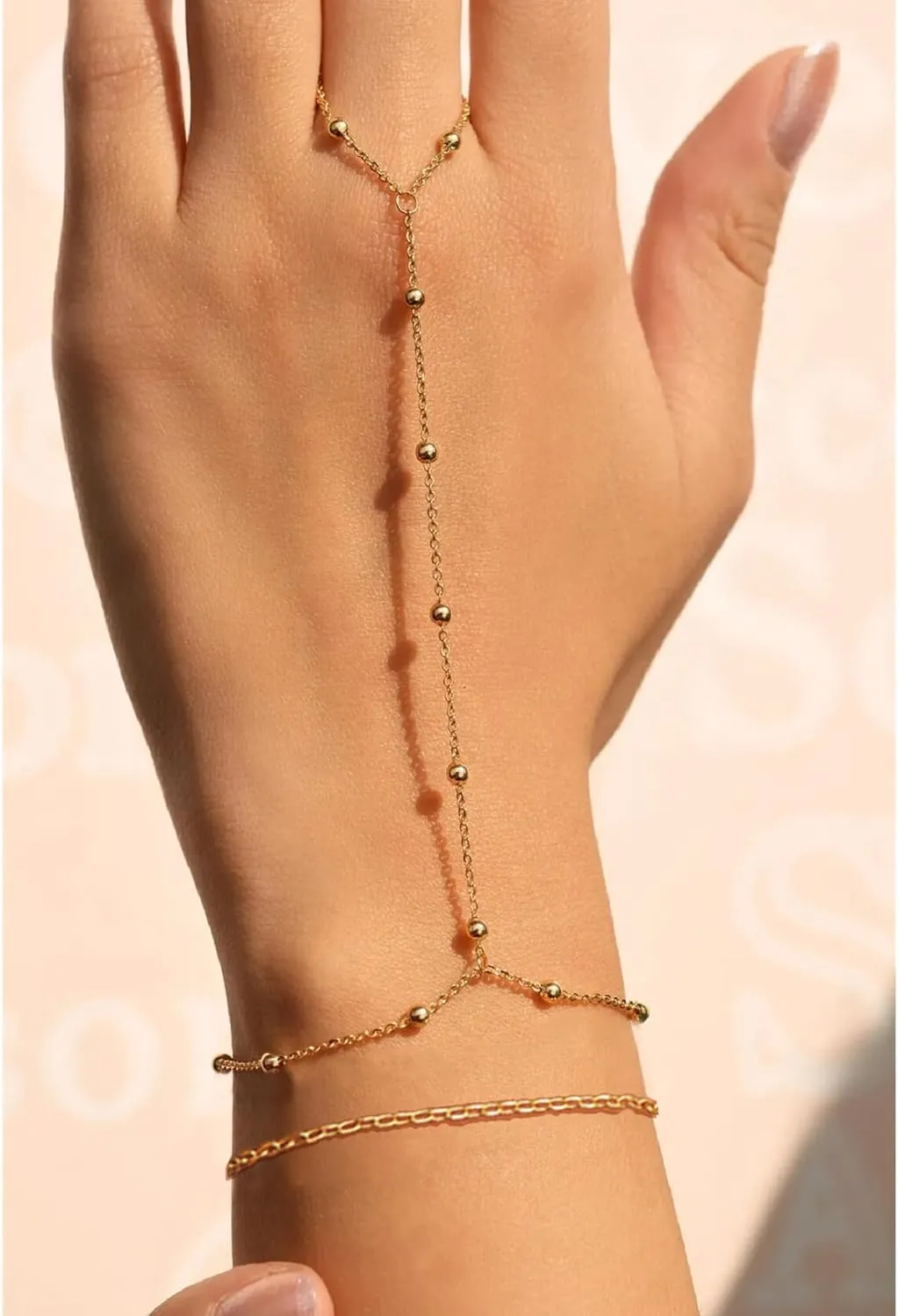 Gold Bracelets for Women, 14k Gold Plated Hand Chain Bracelet, 2 Pcs Ring Bracelets for Women Trendy Dainty Cubic Zirconia Bracelet Ring Bracelet Hand Jewelry Adjustable 6.3' 2'