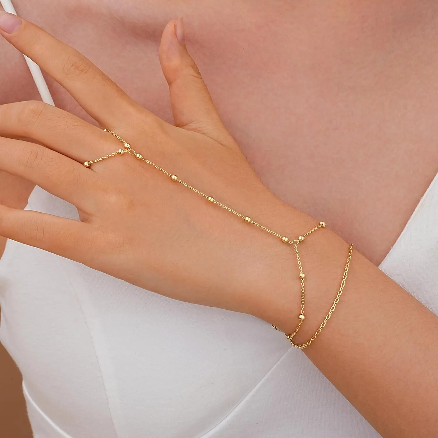 Gold Bracelets for Women, 14k Gold Plated Hand Chain Bracelet, 2 Pcs Ring Bracelets for Women Trendy Dainty Cubic Zirconia Bracelet Ring Bracelet Hand Jewelry Adjustable 6.3' 2'