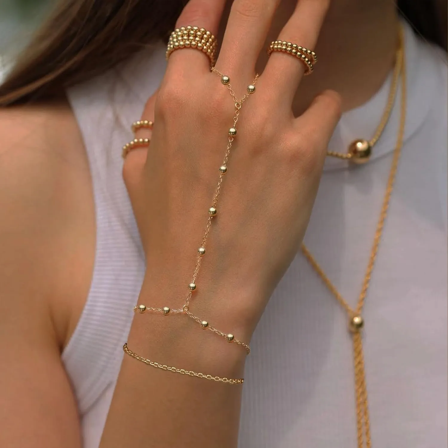 Gold Bracelets for Women, 14k Gold Plated Hand Chain Bracelet, 2 Pcs Ring Bracelets for Women Trendy Dainty Cubic Zirconia Bracelet Ring Bracelet Hand Jewelry Adjustable 6.3' 2'