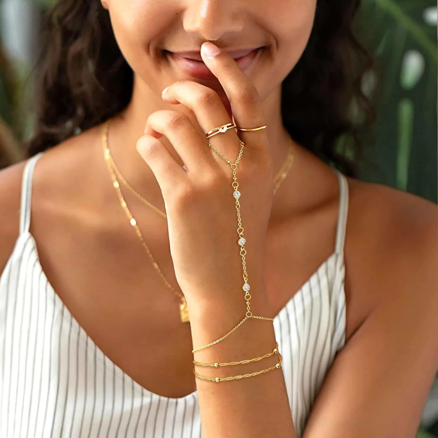 Gold Bracelets for Women, 14k Gold Plated Hand Chain Bracelet, 2 Pcs Ring Bracelets for Women Trendy Dainty Cubic Zirconia Bracelet Ring Bracelet Hand Jewelry Adjustable 6.3' 2'