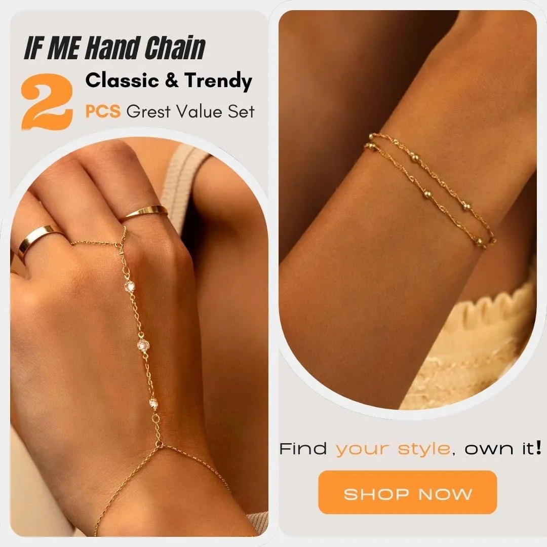 Gold Bracelets for Women, 14k Gold Plated Hand Chain Bracelet, 2 Pcs Ring Bracelets for Women Trendy Dainty Cubic Zirconia Bracelet Ring Bracelet Hand Jewelry Adjustable 6.3' 2'