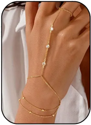 Gold Bracelets for Women, 14k Gold Plated Hand Chain Bracelet, 2 Pcs Ring Bracelets for Women Trendy Dainty Cubic Zirconia Bracelet Ring Bracelet Hand Jewelry Adjustable 6.3' 2'