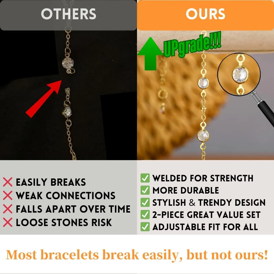Gold Bracelets for Women, 14k Gold Plated Hand Chain Bracelet, 2 Pcs Ring Bracelets for Women Trendy Dainty Cubic Zirconia Bracelet Ring Bracelet Hand Jewelry Adjustable 6.3' 2'