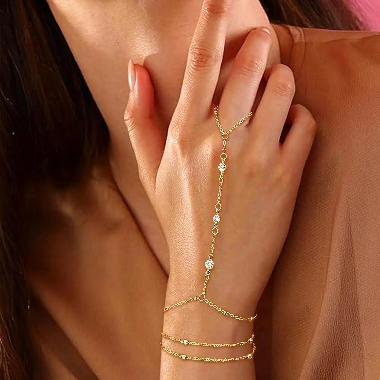 Gold Bracelets for Women, 14k Gold Plated Hand Chain Bracelet, 2 Pcs Ring Bracelets for Women Trendy Dainty Cubic Zirconia Bracelet Ring Bracelet Hand Jewelry Adjustable 6.3' 2'