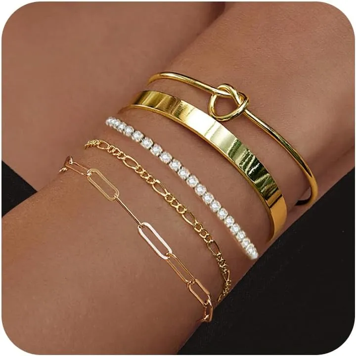 Gold Bracelets for Women 18k Gold Plated Bracelet Stack Bangle Cuff Bracelet Set for Women Non Tarnish Beaded/Paperclip/Cuban Link Chain Bracelets Jewelry for Women Trendy