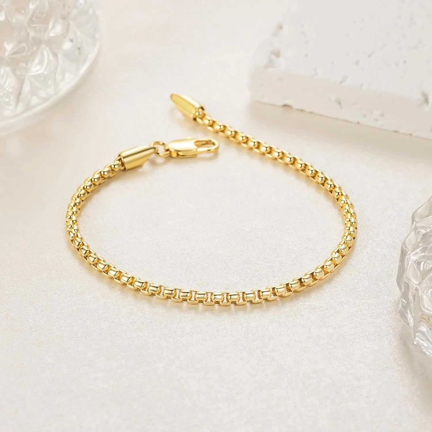 Gold Bracelets for Women Men Bracelet Square Rolo Round Box 14K Gold Chain Bracelet for Women & Men Gold Jewelry 6.5, 7, 7.5, 8, 9 in