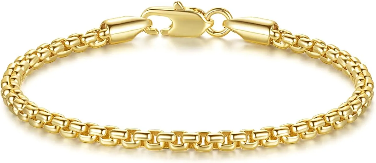 Gold Bracelets for Women Men Bracelet Square Rolo Round Box 14K Gold Chain Bracelet for Women & Men Gold Jewelry 6.5, 7, 7.5, 8, 9 in
