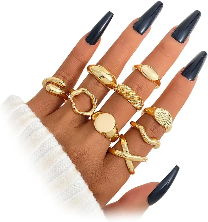 Gold Chunky Rings for Women Non Tarnish 14k Stackable Dome Statement Rings Sets Vintage Dainty Knuckle Open Midi Finger Rings Jewelry Pack for Gifts