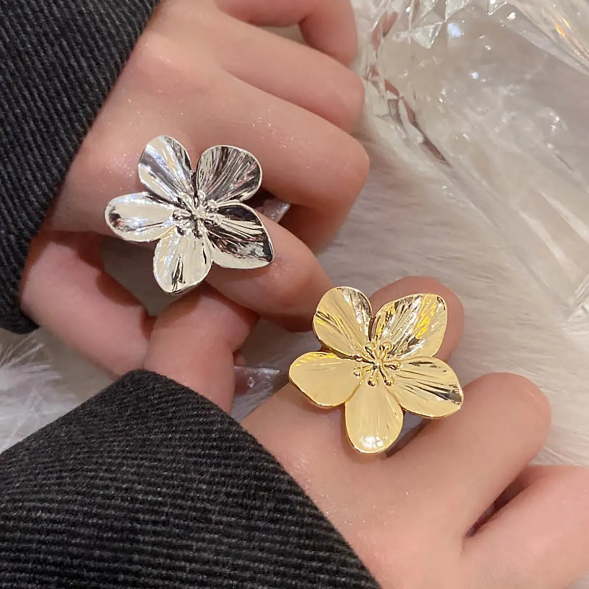 Gold Flower Ring for Women Trendy Silver Flower Ring Chunky Adjustable Flower Rings Minimalist Floral Jewelry
