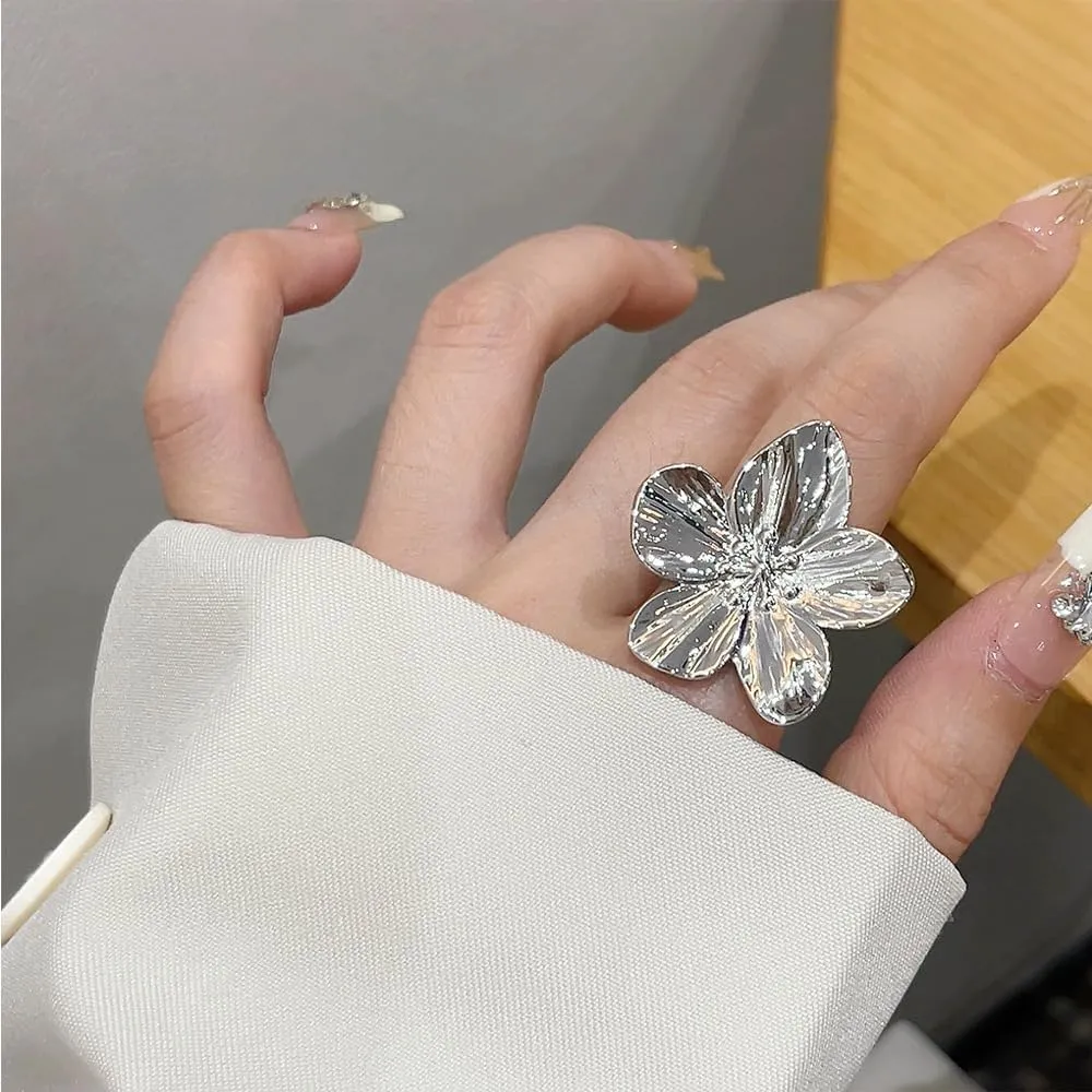 Gold Flower Ring for Women Trendy Silver Flower Ring Chunky Adjustable Flower Rings Minimalist Floral Jewelry