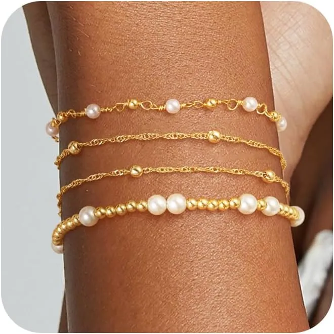 Gold Pearl Bracelets for Women, Dainty Stackable 14K Gold Plated Pearl Beaded Bracelet for Women Trendy Stack Simple Waterproof Bracelets Fashion Jewelry for Women