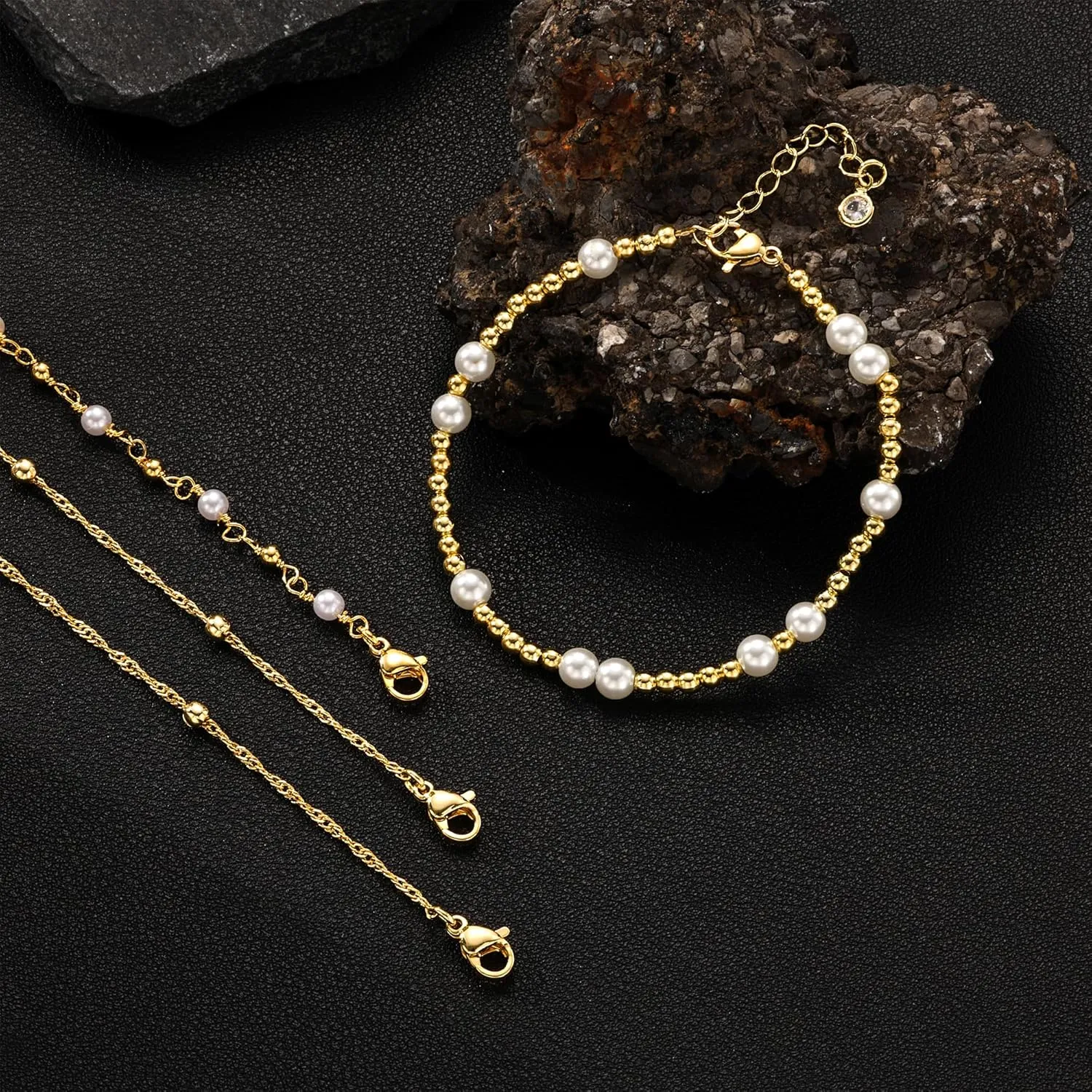 Gold Pearl Bracelets for Women, Dainty Stackable 14K Gold Plated Pearl Beaded Bracelet for Women Trendy Stack Simple Waterproof Bracelets Fashion Jewelry for Women