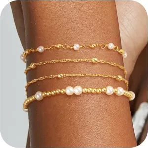 Gold Pearl Bracelets for Women, Dainty Stackable 14K Gold Plated Pearl Beaded Bracelet for Women Trendy Stack Simple Waterproof Bracelets Fashion Jewelry for Women