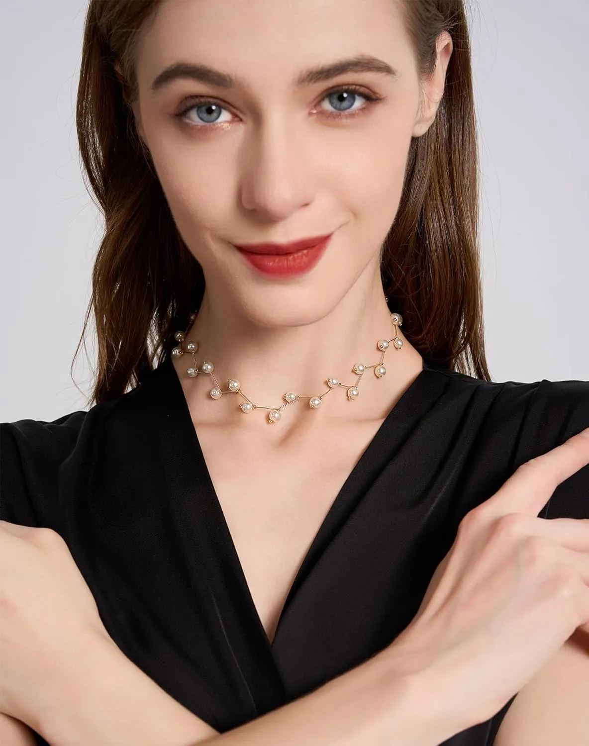 Gold Pearl Choker Necklace 14K Gold Plated Multi Strand for Women - Dainty Small Pearl Wedding Jewelry