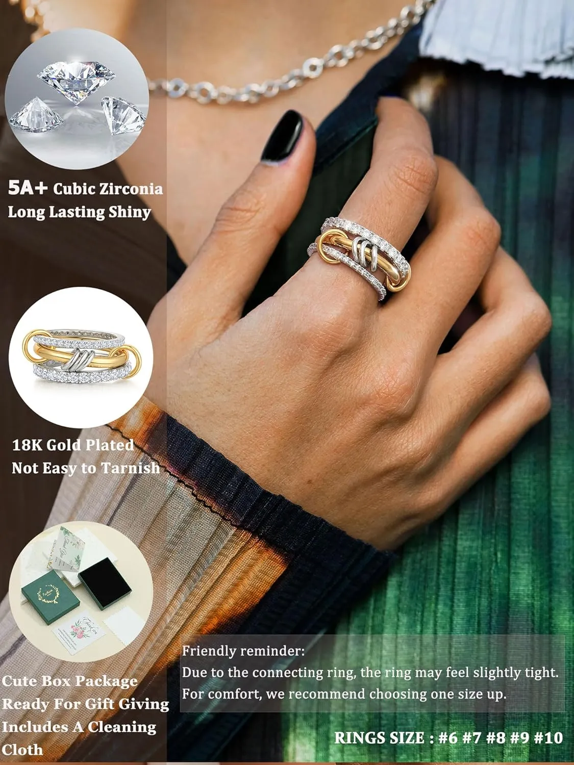 Gold Silver Rings for Women Non Tarnish 18K Gold Plated Stackable Rings Dainty Cubic Zirconia Statement Rings Wedding Band Thumb Ring Mixed Metals Stacking Rings Set Size 6 7 8 9 10 Jewelry Gifts