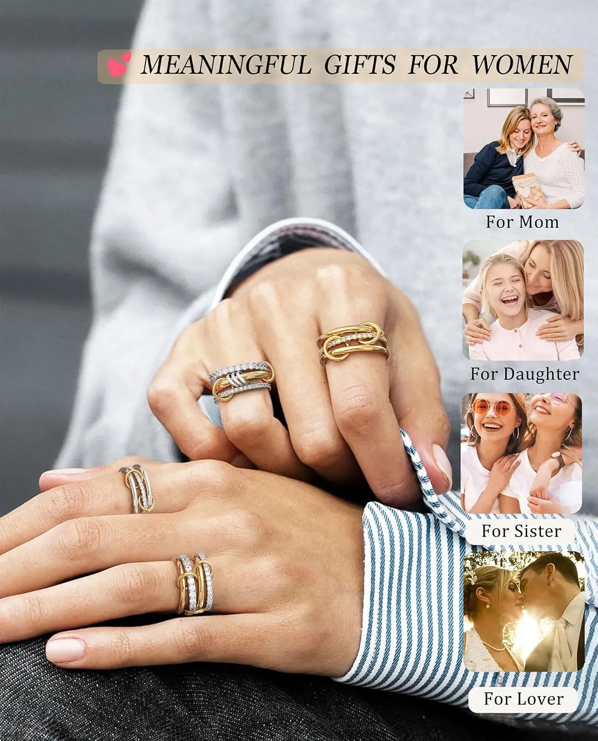 Gold Silver Rings for Women Non Tarnish 18K Gold Plated Stackable Rings Dainty Cubic Zirconia Statement Rings Wedding Band Thumb Ring Mixed Metals Stacking Rings Set Size 6 7 8 9 10 Jewelry Gifts