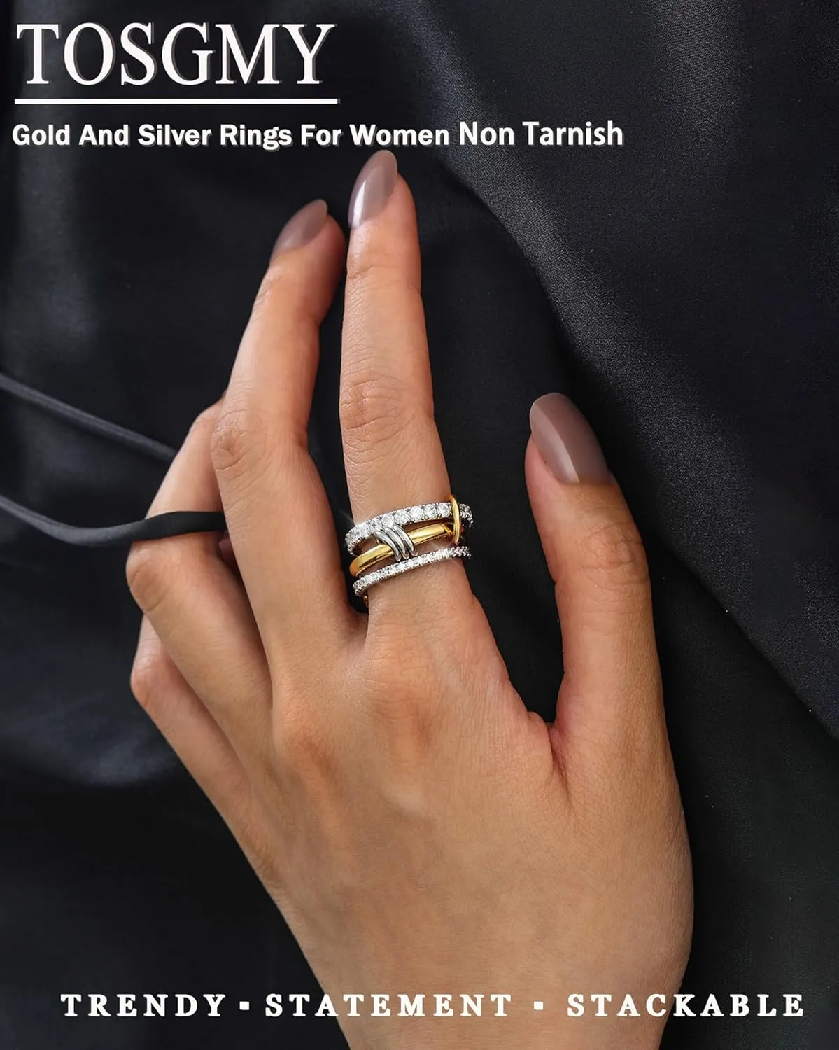 Gold Silver Rings for Women Non Tarnish 18K Gold Plated Stackable Rings Dainty Cubic Zirconia Statement Rings Wedding Band Thumb Ring Mixed Metals Stacking Rings Set Size 6 7 8 9 10 Jewelry Gifts