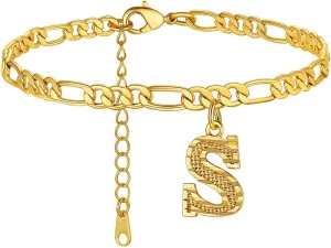 GOLDCHIC JEWELRY Initials Anklets for Women, Personalized 4.5MM Gold Figaro Chain Letter Ankle Bracelets Summer Jewelry, 22-27cm Length