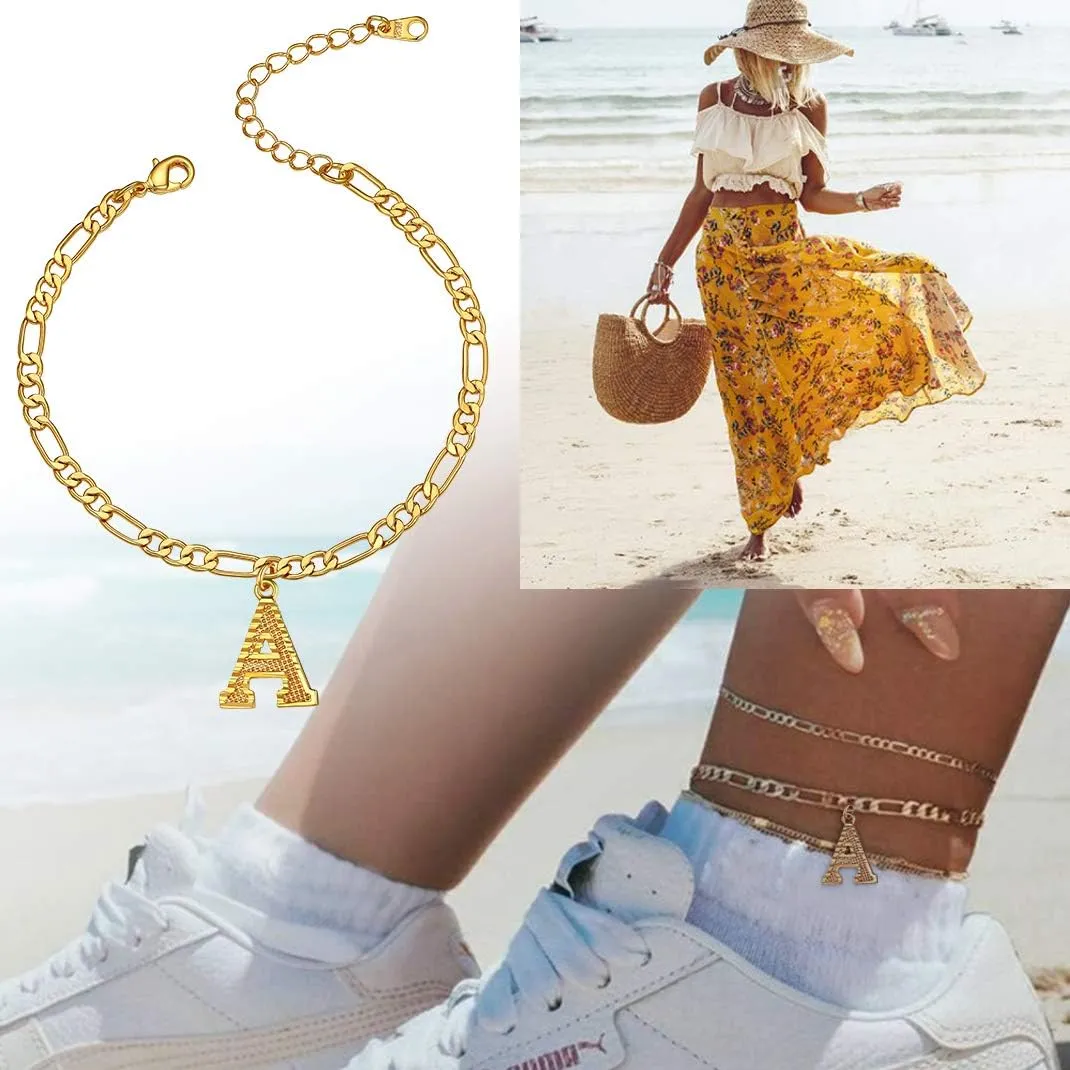 GOLDCHIC JEWELRY Initials Anklets for Women, Personalized 4.5MM Gold Figaro Chain Letter Ankle Bracelets Summer Jewelry, 22-27cm Length