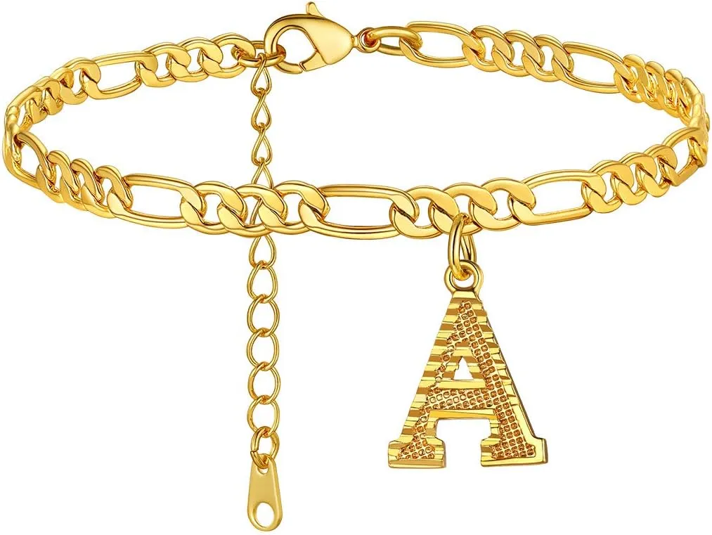 GOLDCHIC JEWELRY Initials Anklets for Women, Personalized 4.5MM Gold Figaro Chain Letter Ankle Bracelets Summer Jewelry, 22-27cm Length
