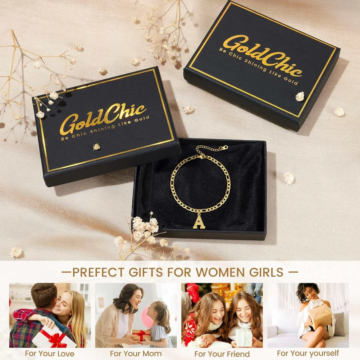 GOLDCHIC JEWELRY Initials Anklets for Women, Personalized 4.5MM Gold Figaro Chain Letter Ankle Bracelets Summer Jewelry, 22-27cm Length