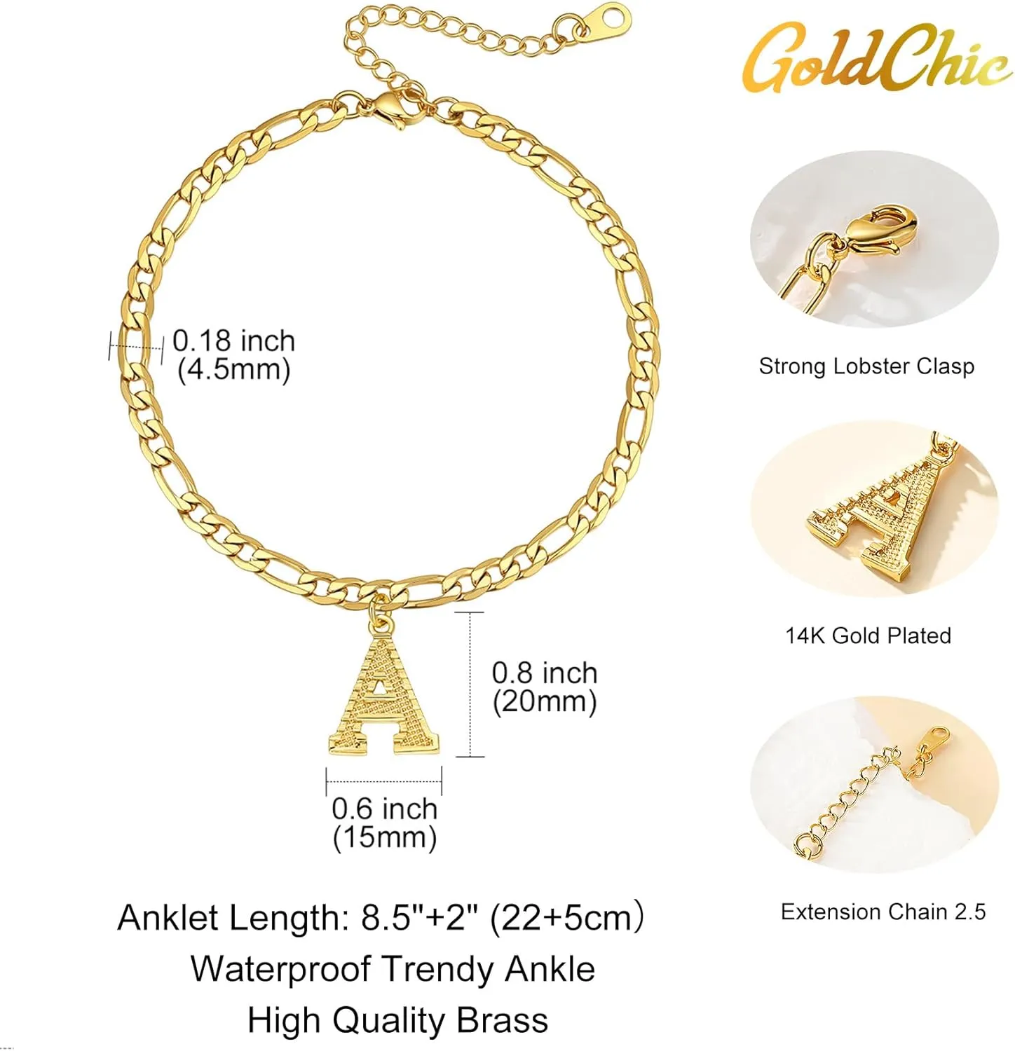 GOLDCHIC JEWELRY Initials Anklets for Women, Personalized 4.5MM Gold Figaro Chain Letter Ankle Bracelets Summer Jewelry, 22-27cm Length
