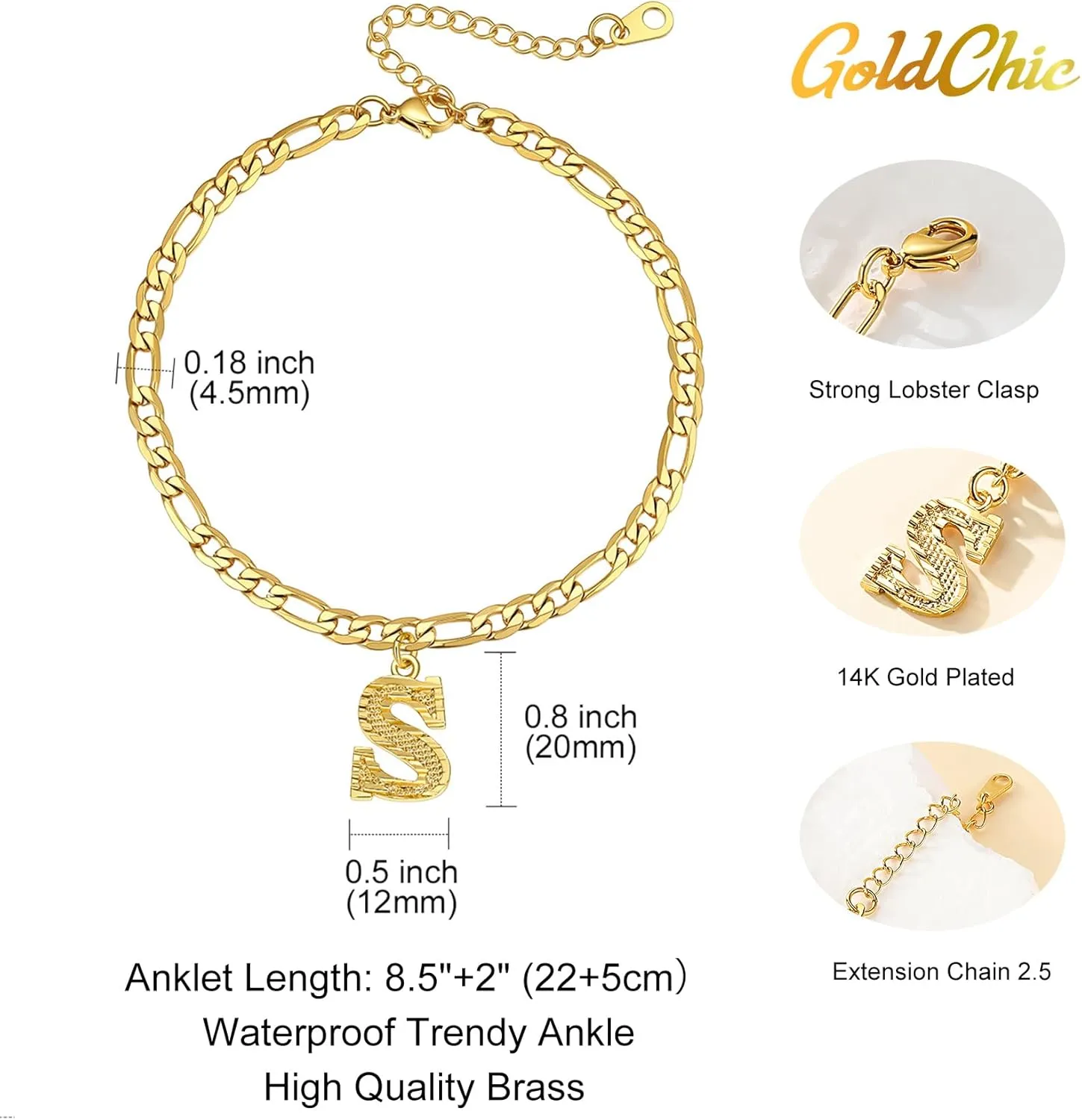 GOLDCHIC JEWELRY Initials Anklets for Women, Personalized 4.5MM Gold Figaro Chain Letter Ankle Bracelets Summer Jewelry, 22-27cm Length