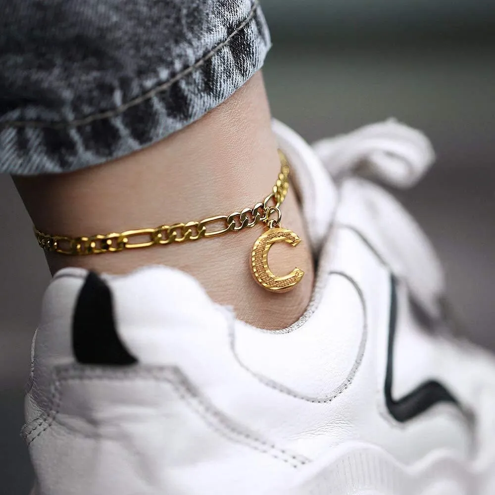 GOLDCHIC JEWELRY Initials Anklets for Women, Personalized 4.5MM Gold Figaro Chain Letter Ankle Bracelets Summer Jewelry, 22-27cm Length