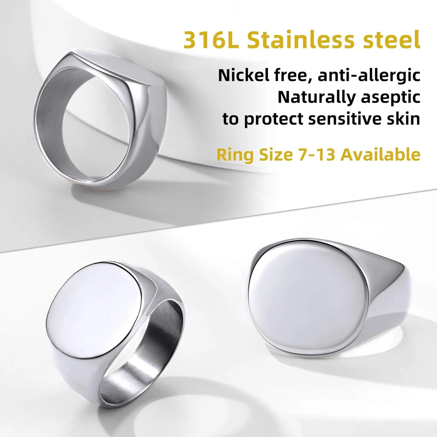 GOLDCHIC JEWELRY Personalized Signet Rings Men Women, Stainless Steel Custom Photo Bold Square/Oval Monogram/Old English Initial Pinky Stacking Statement Ring in Black/Silver/Gold (Size 7-14)