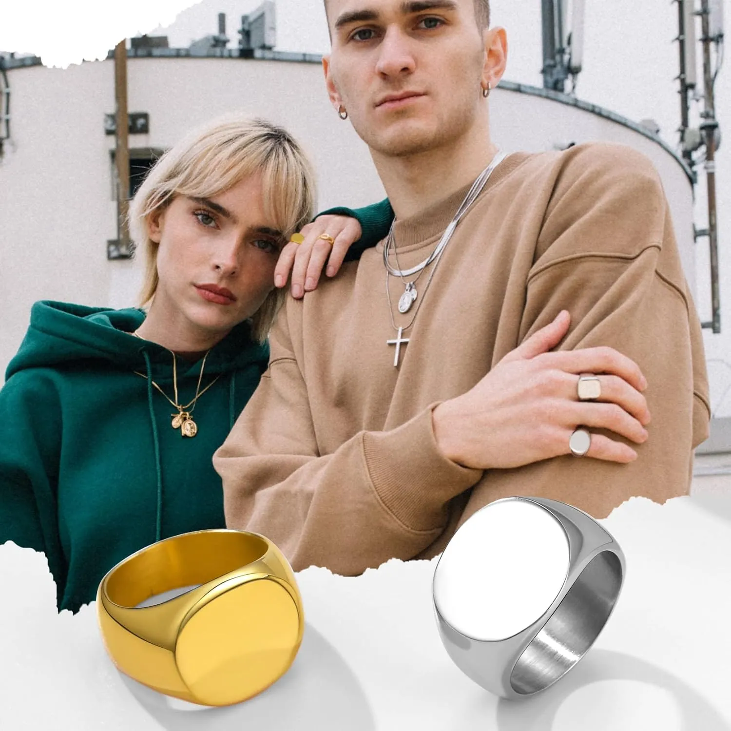 GOLDCHIC JEWELRY Personalized Signet Rings Men Women, Stainless Steel Custom Photo Bold Square/Oval Monogram/Old English Initial Pinky Stacking Statement Ring in Black/Silver/Gold (Size 7-14)