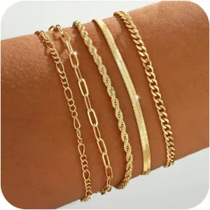Gold/Silver Bracelets for Women,14K Real Gold Plated Bracelets Stack Trendy Jewelry Sets Stackable Snake Chain Figaro Paperclip Link Chain Adjustable Bracelet Pack Jewelry for Women