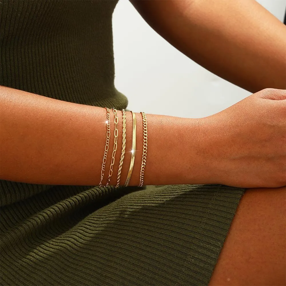Gold/Silver Bracelets for Women,14K Real Gold Plated Bracelets Stack Trendy Jewelry Sets Stackable Snake Chain Figaro Paperclip Link Chain Adjustable Bracelet Pack Jewelry for Women