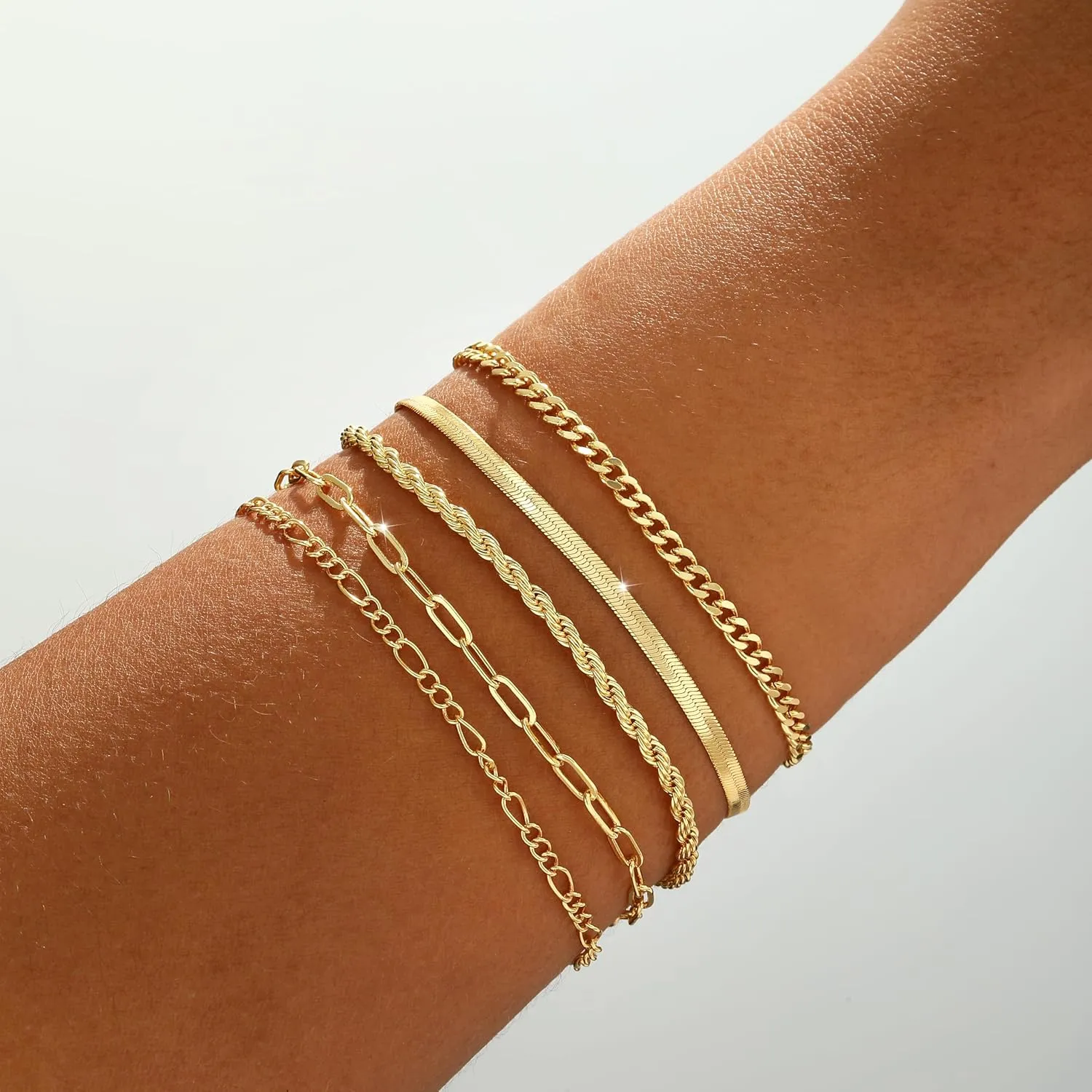 Gold/Silver Bracelets for Women,14K Real Gold Plated Bracelets Stack Trendy Jewelry Sets Stackable Snake Chain Figaro Paperclip Link Chain Adjustable Bracelet Pack Jewelry for Women
