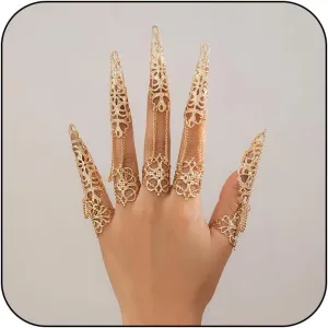 Gothic Finger Tip Claw Rings for Women Girls Punk Nail Ring Vintage Hollow Pattern Fingertip Claw Ring with Chain Jewelry for Cosplay Drama Party Show