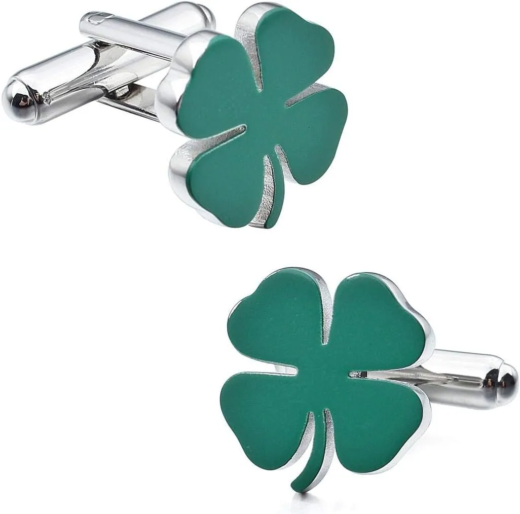 Green Shamrock Irish Clover Cufflinks 3 Leaf 4 Leaf Good Luck St. Patricks Day Cufflinks in Presentation Gift Box